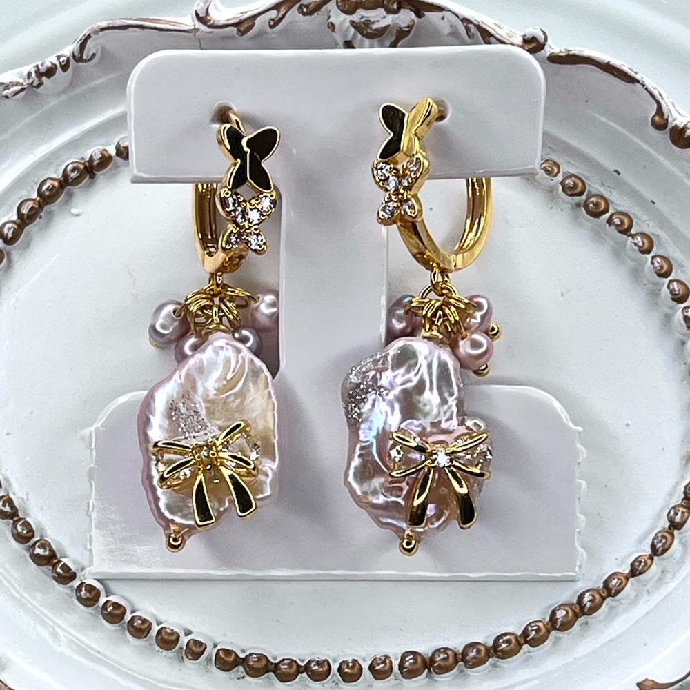 🎀 Handmade Freshwater Keshi Pearl Crystal Earrings S925 SS Posts Gold Plated